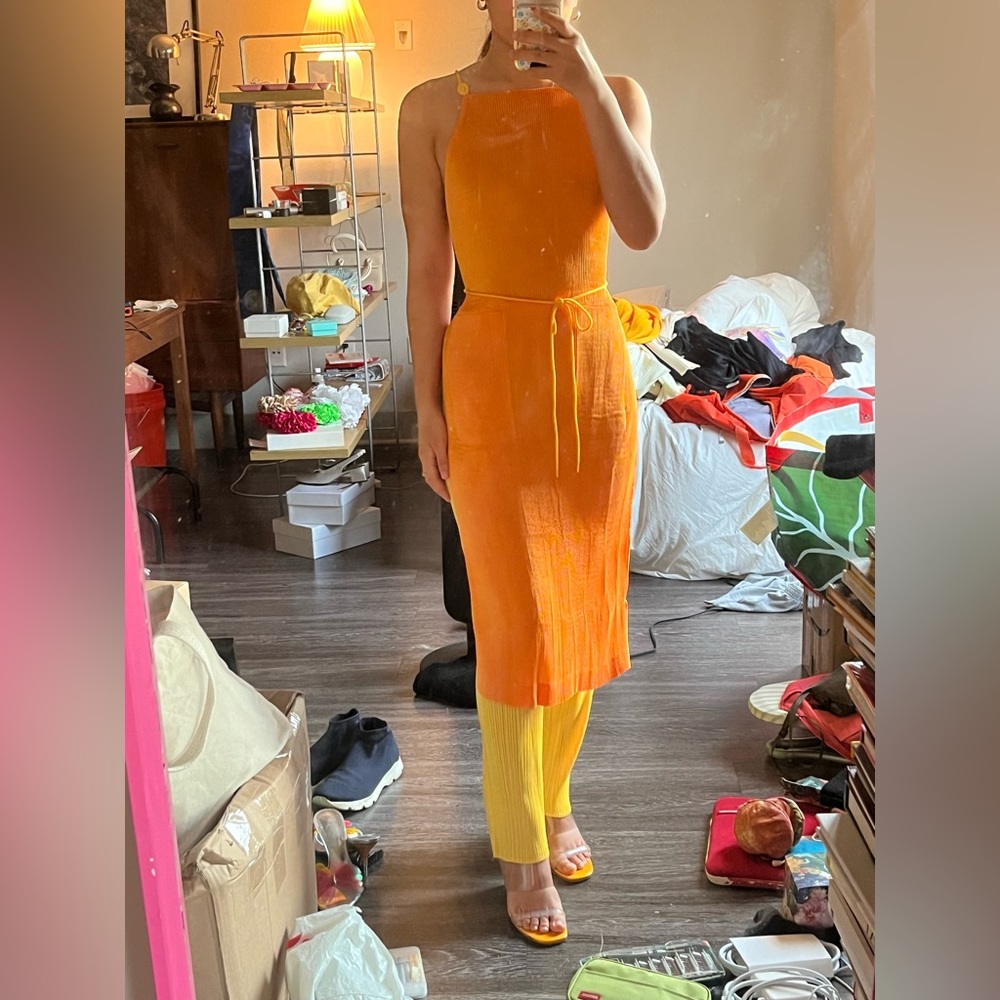 SOLD IM Issey Miyake pleats please apron tunic dress pockets orange 🍊 tangerine